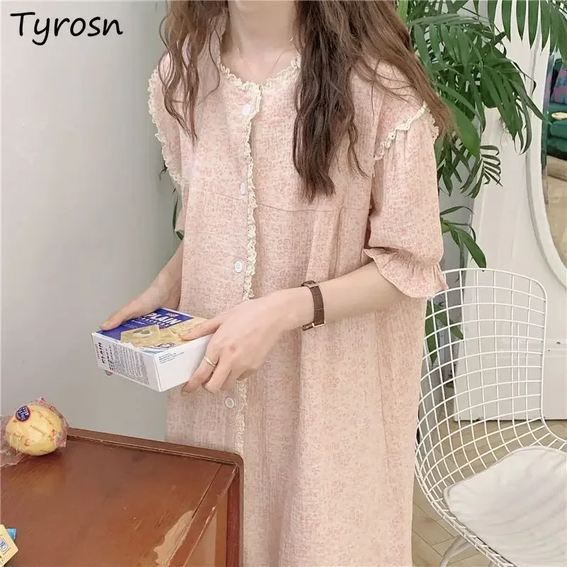 

Sleepshirts Women Floral Midi Fashion Elegant Loose Simple All-match Design Summer Sweet Ruffles Tender Puff Sleeve Korean Style