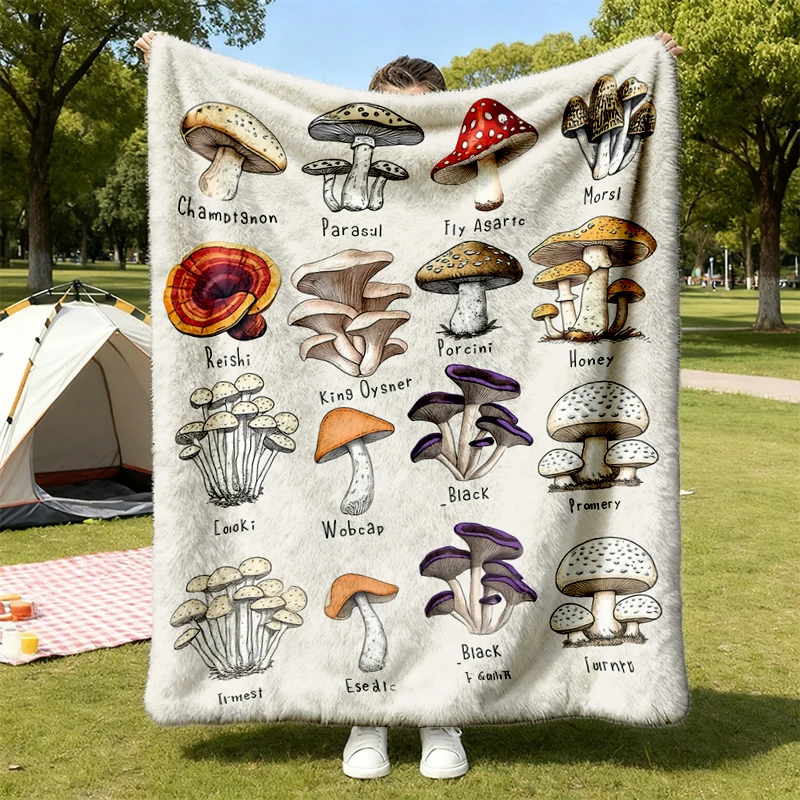Mushroom Identification Flannel Blanket, Retro Cottagecore Botanical Flannel Throw