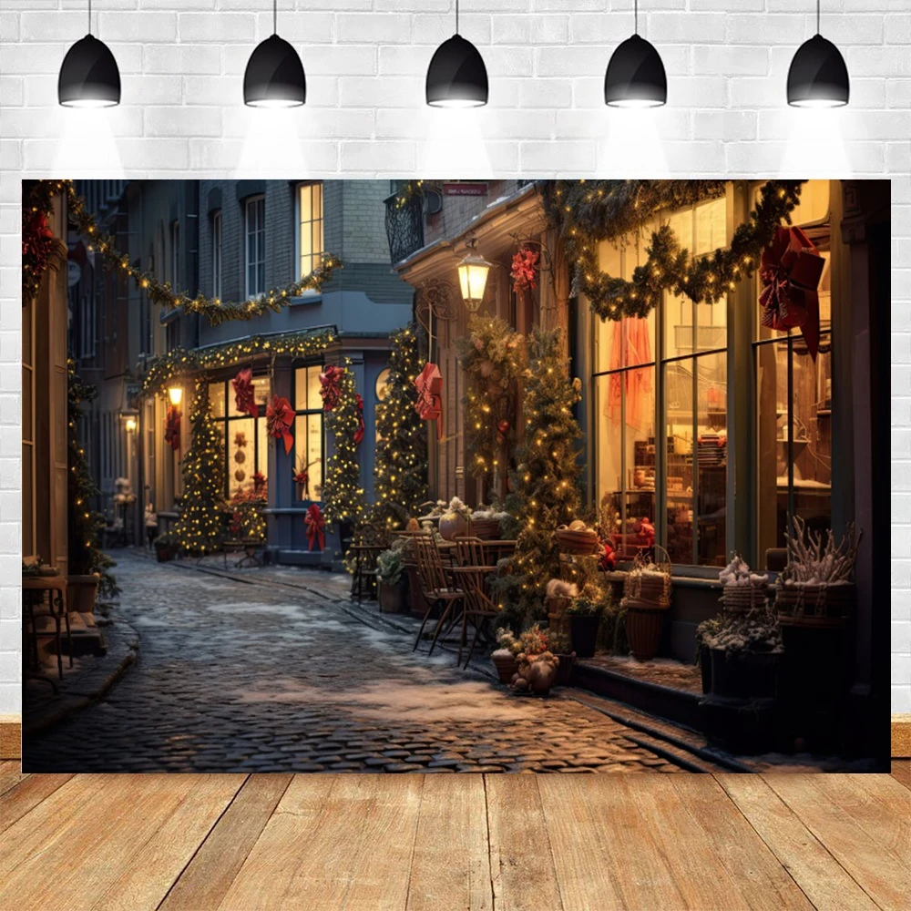 Fondo de noche de Navidad de calle nevada de invierno, casas de fotografía, tiendas, árboles de Navidad, decoración de fiesta familiar para niños, accesorios de fondo