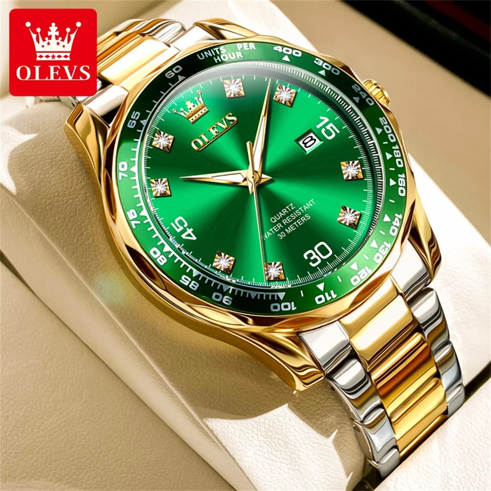 OLEVS Golden Green Quartz Watch for Men Luxury Brand Diving Waterproof Stainless steel Rubber Strap Men\'s Watches Original 9988