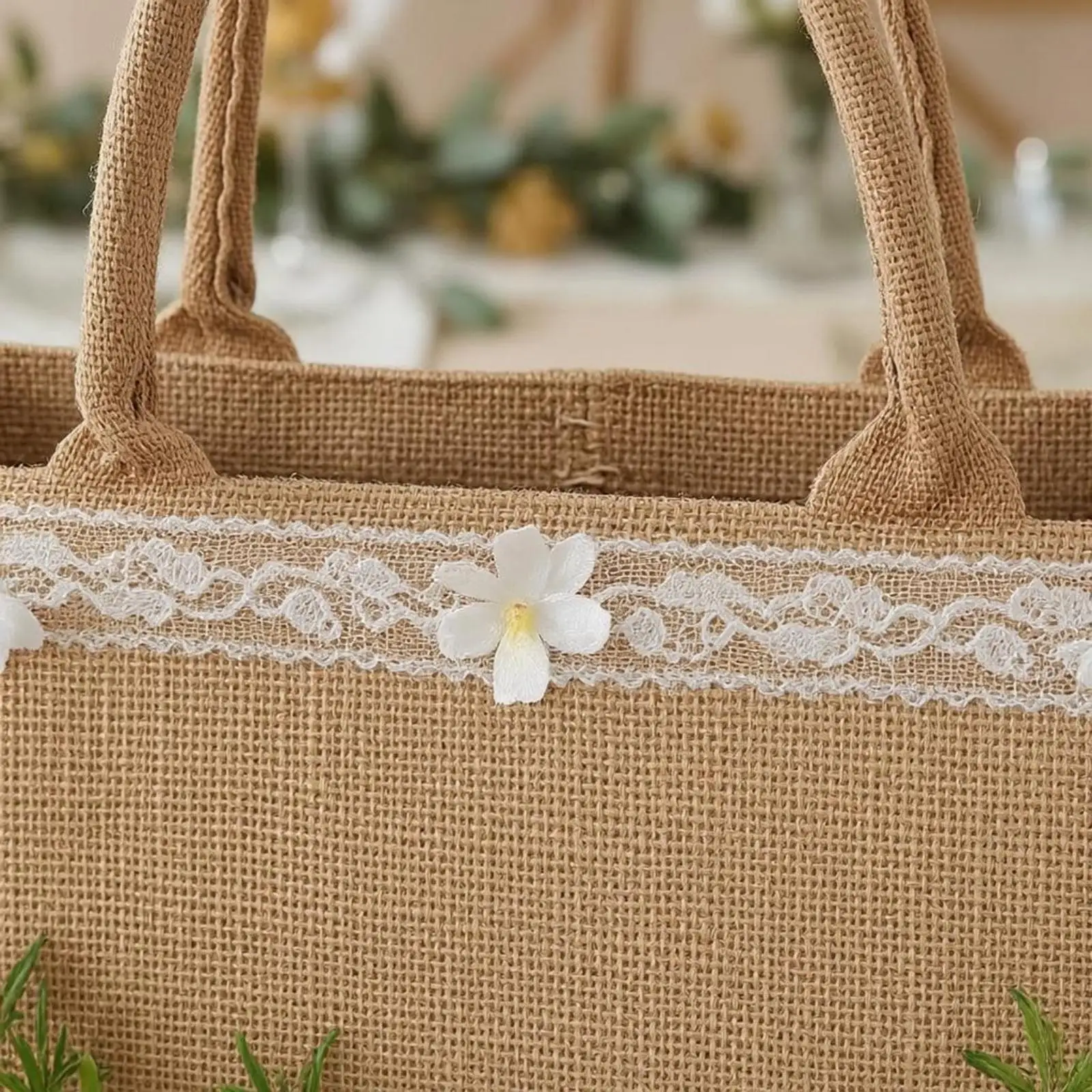 Bolsa de Yute con Asas Redondeadas, Bolsa Rectangular con Parte Superior Desplegada para Uso Diario