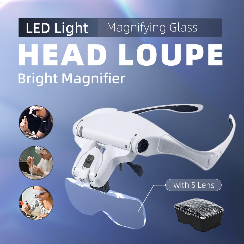Magnifying Glasses LED Light Head Loupe Jeweler Watch Bright Magnifier 5 Lens 1.0-3.5X Adjustable Headband Illuminated Reading