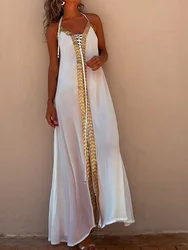Beach Style Women Summer Holiday Long Dress Female Patchwork Sleeveless Print Maxi Dress Streetwear Casual Loose Backless Dress