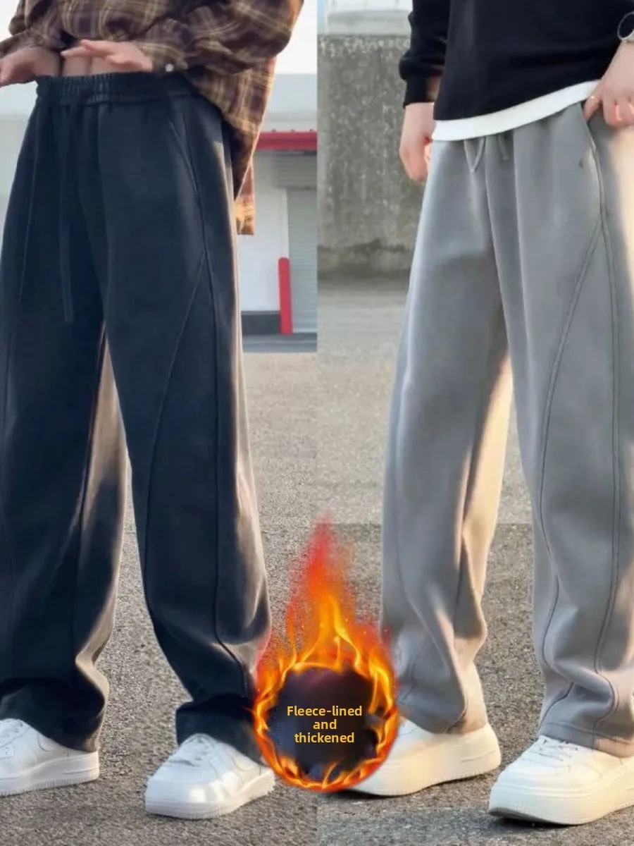 

Men's Fce Lined Straight Leg Sweatpants Waed ey Heavyweight Spor Autumn Winter New Loose Drapey Casual Pants