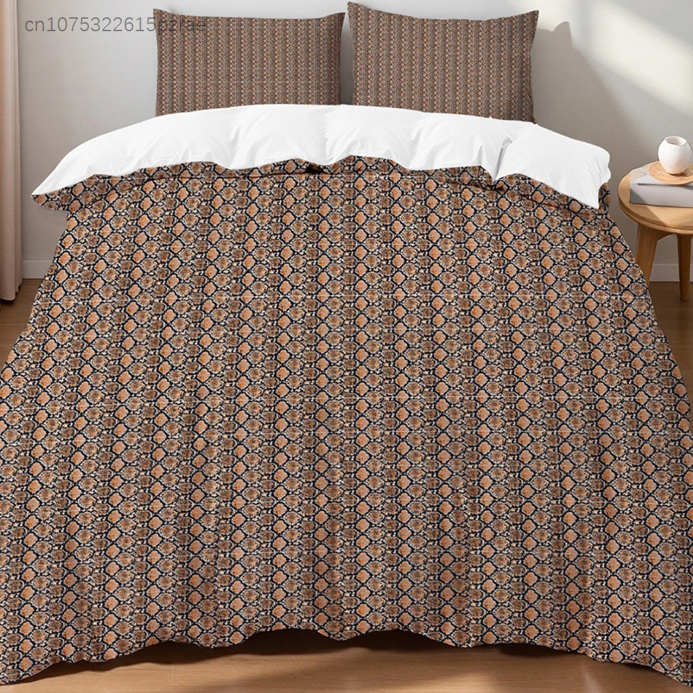 Retro Orange Black Tile Bedding Set  Wrinkle-Free Fade-Resistant Bohemian Floral Pattern Duvet Cover Set For Home Bedroom
