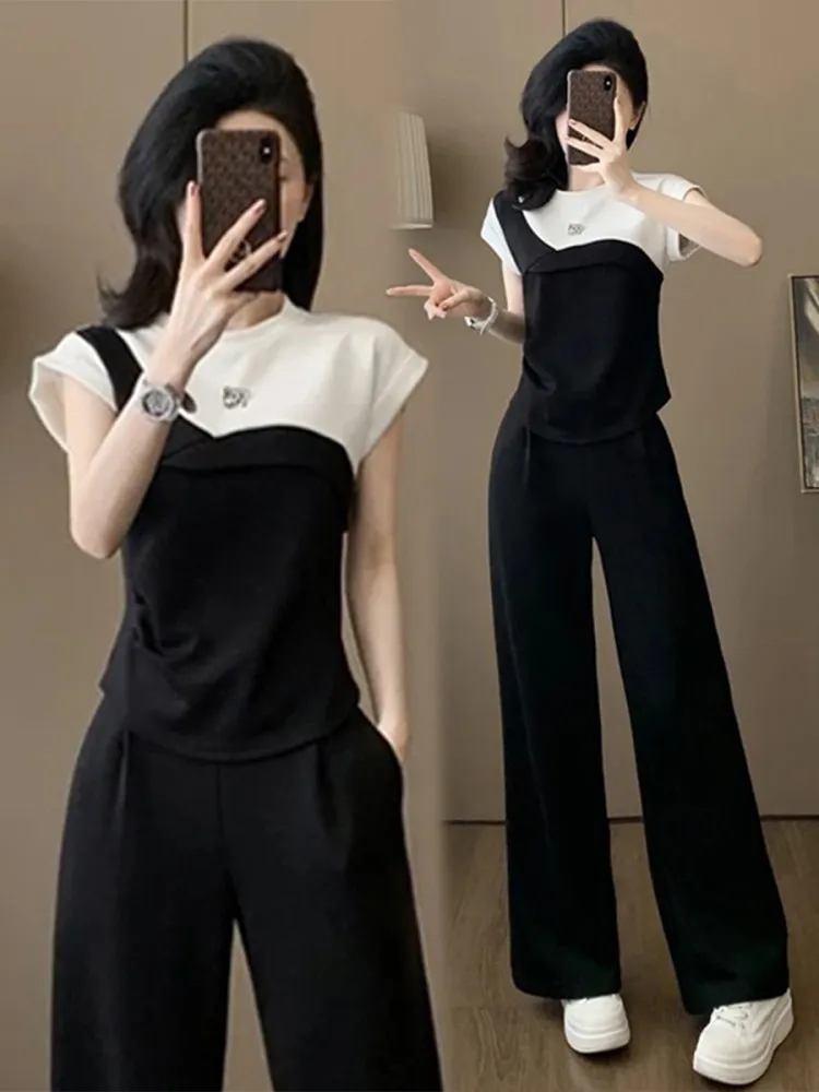 

Fashion Sports Suit Women's Summer New Collection Waist Slimming Short Sleeved Wide Leg Pants Two-piece Set