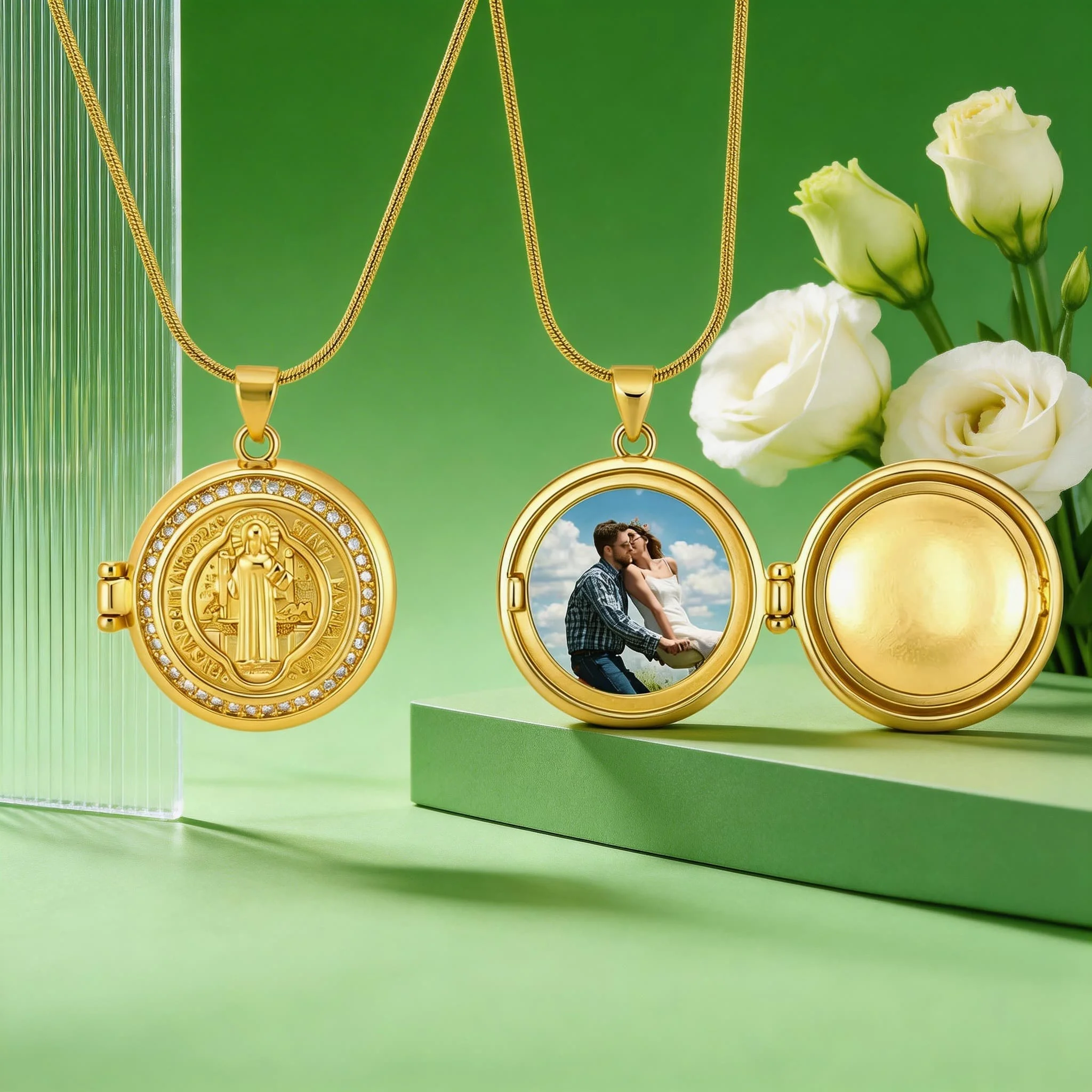 Round Zircon Saint Benedict Medal Pendant for Women Free Customised Photo Necklace Charms Religious Prayer Jewelry Gift