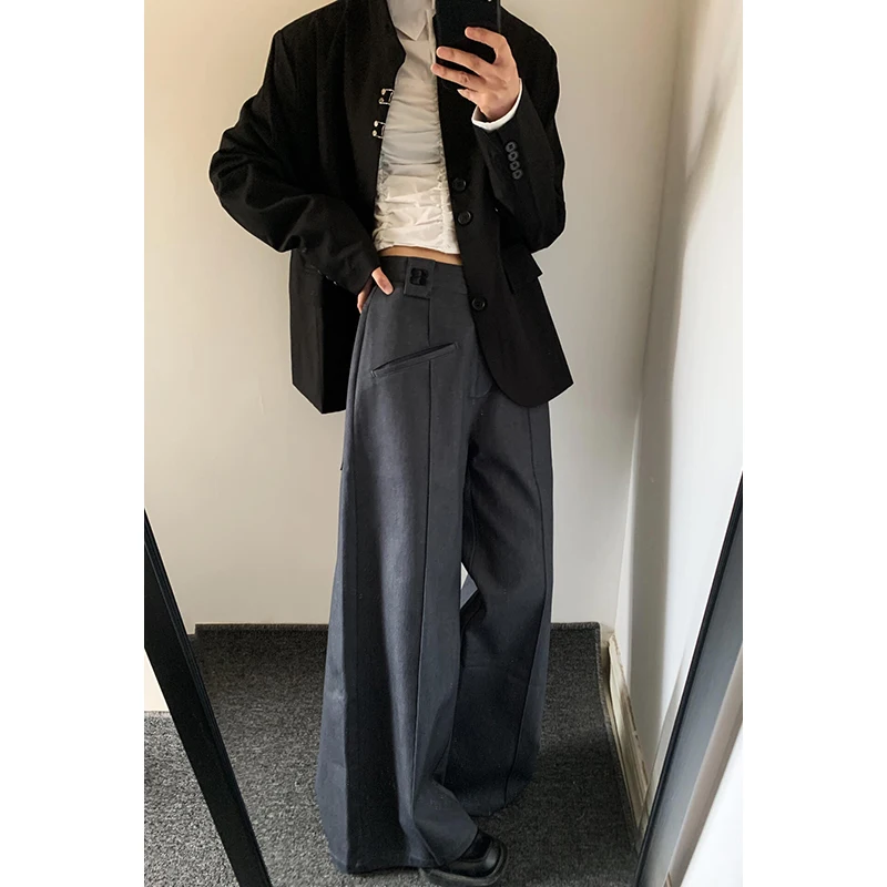 

PBAP Business Women Pintuck Gray Suit Pants High Rise Pockets Casual Solid Draped Wide Leg Straight Pants Office Lady Clothes