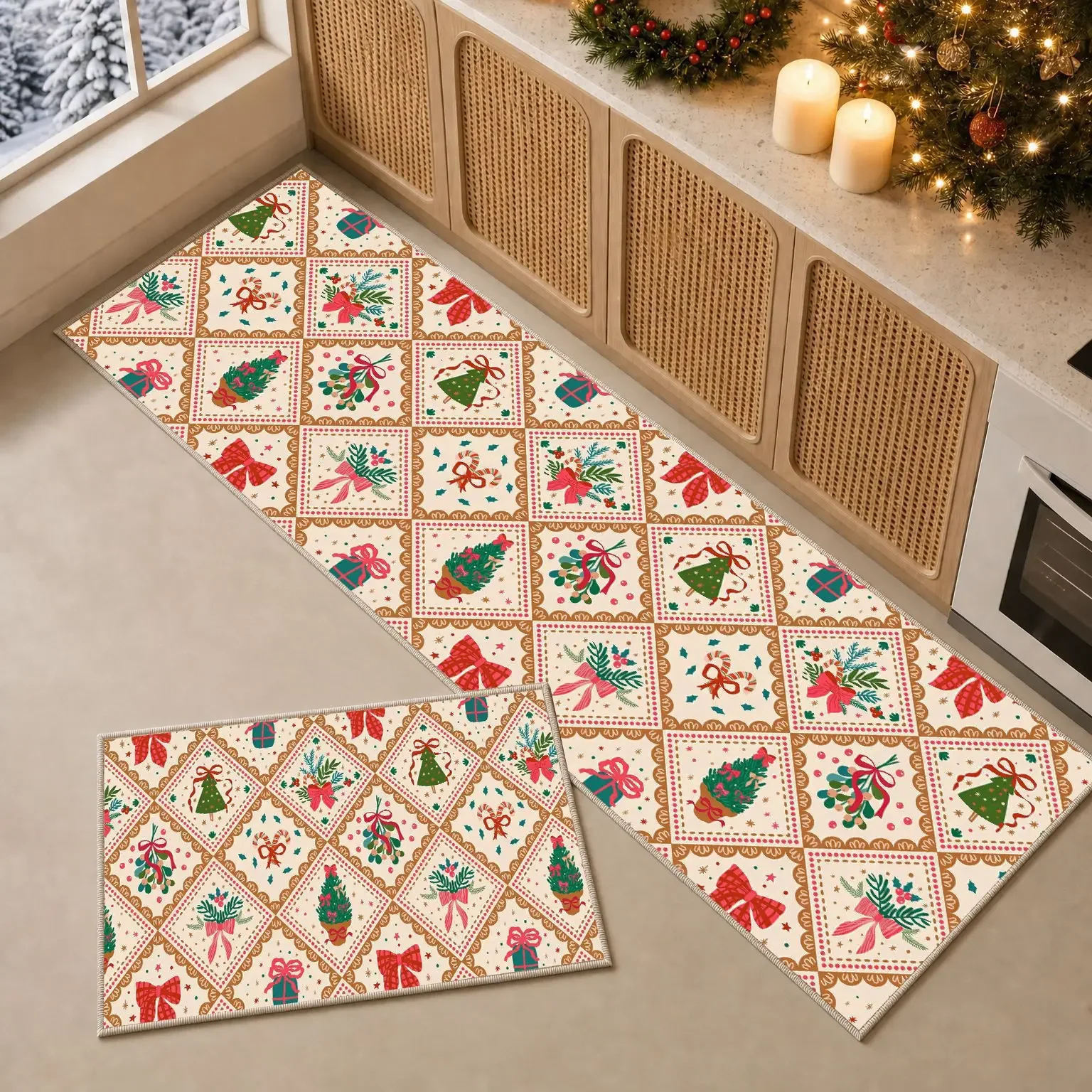 VIKAMA Burlap Red Truck Patchwork Leopard Trees Wonderful Time, Non Slip Washable Absorbent Soft Rug Set, Xmas Home Decor Gift