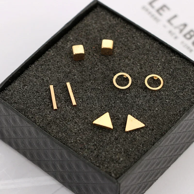 VIVILADY Fashion 4 Pairs/Set Geometric Stud Earrings Women Black Gold Silver Color Round Triangle Cubic Bar Boho Punk Jewelry