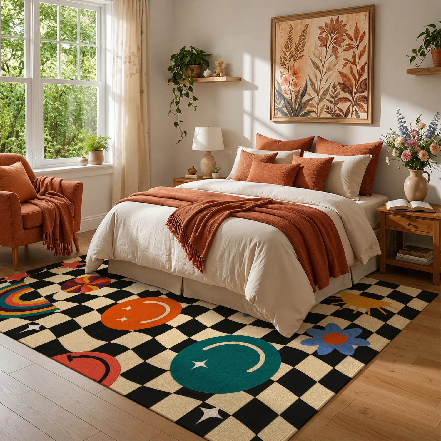 Large Indoor Area Rug, Soft Velvet Low Pile with Non-slip Dotted Backing, Machine Washable, Retro Wavy Checkered Smiley Rainbow Daisy Sun Pattern, Ideal for Living Room, Bedroom, Entryway