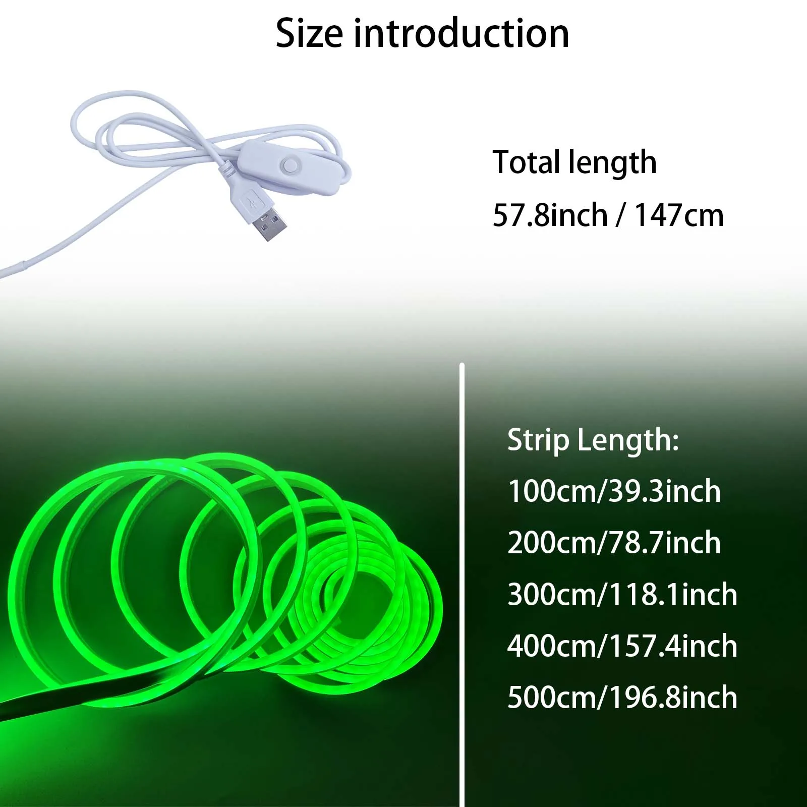 Led Green Flexible Neon Light Strip (100-500cm/39.3-196.8inch) 5v Low Voltage Usb Power Supply, 501 Button Adjustment Control Lighting, Suitable for