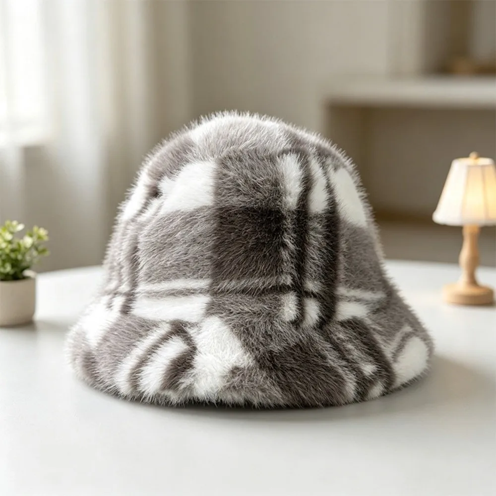 New Faux Fur Winter Scarf Hat Soft Warm Mink Wool Scarf Plaid Fluffy Bucket Hat Women