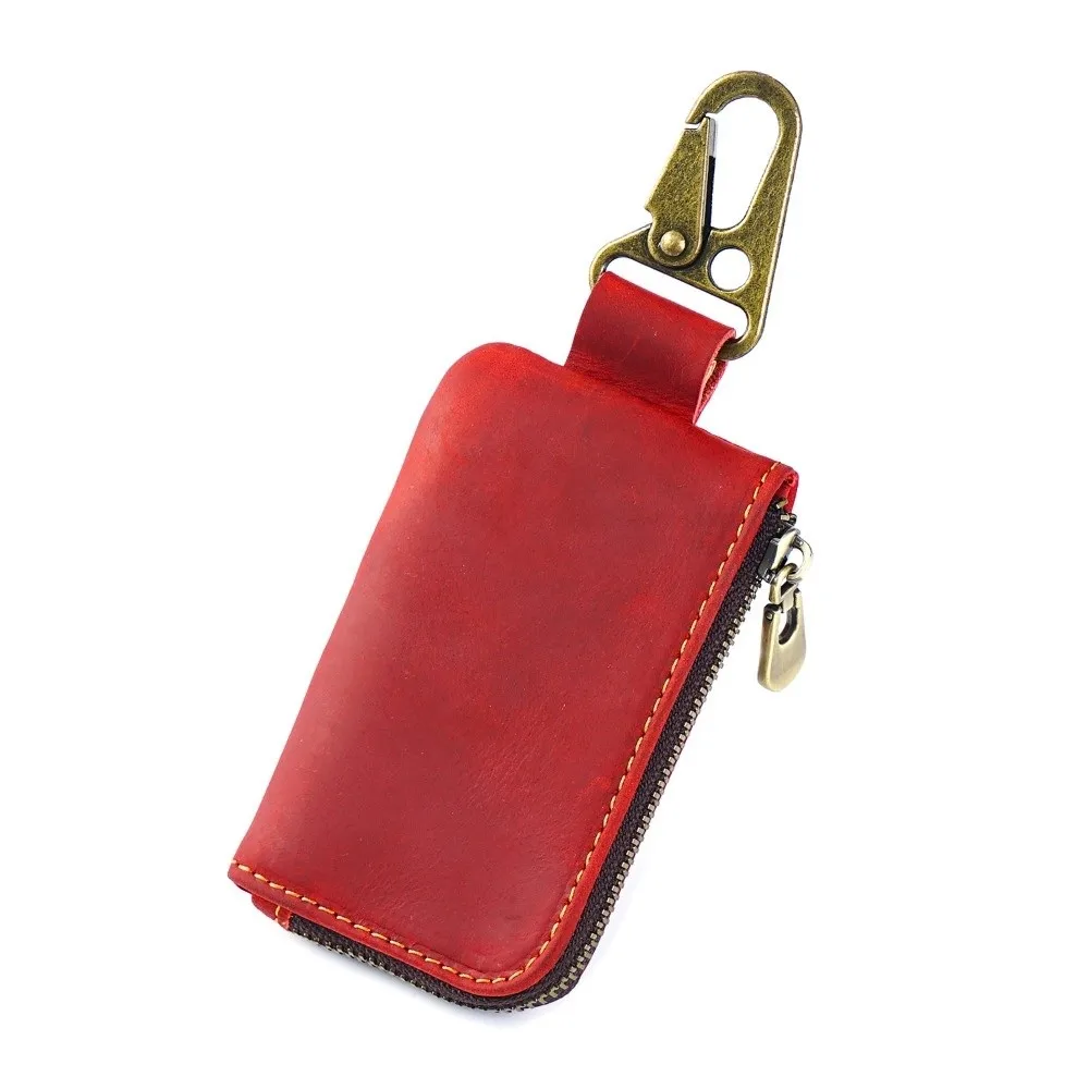 

Genuine Cowhide Key Fob Holder L-Shaped Zipper Multiple Colors Available Crazy Horse Leather Wallet 360 Degree Swivel Clip
