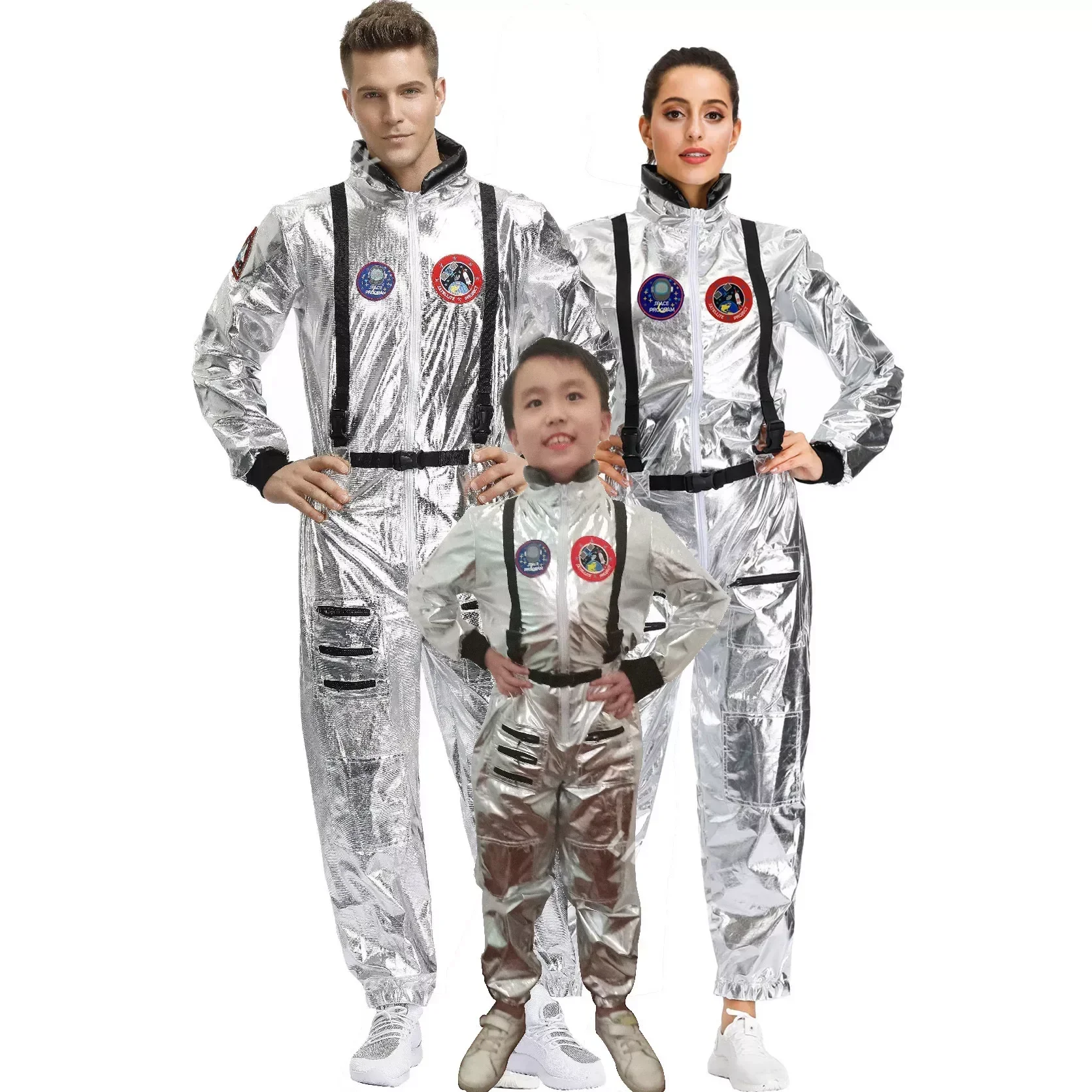 

Halloween Adult Children Astronaut Costume Silver Spaceman Men Women Space Suit Halloween Family Party Dress Up Birthday Gift