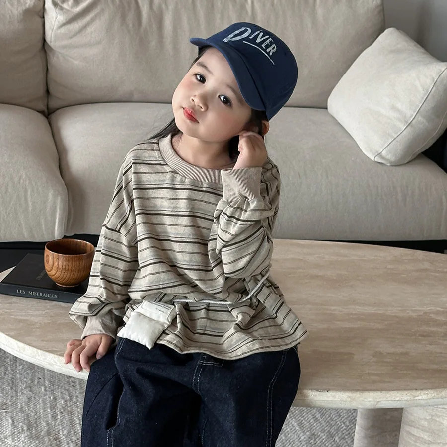 2025 outono novas crianças listradas de manga comprida camiseta meninos e meninas camisa de fundo simples
