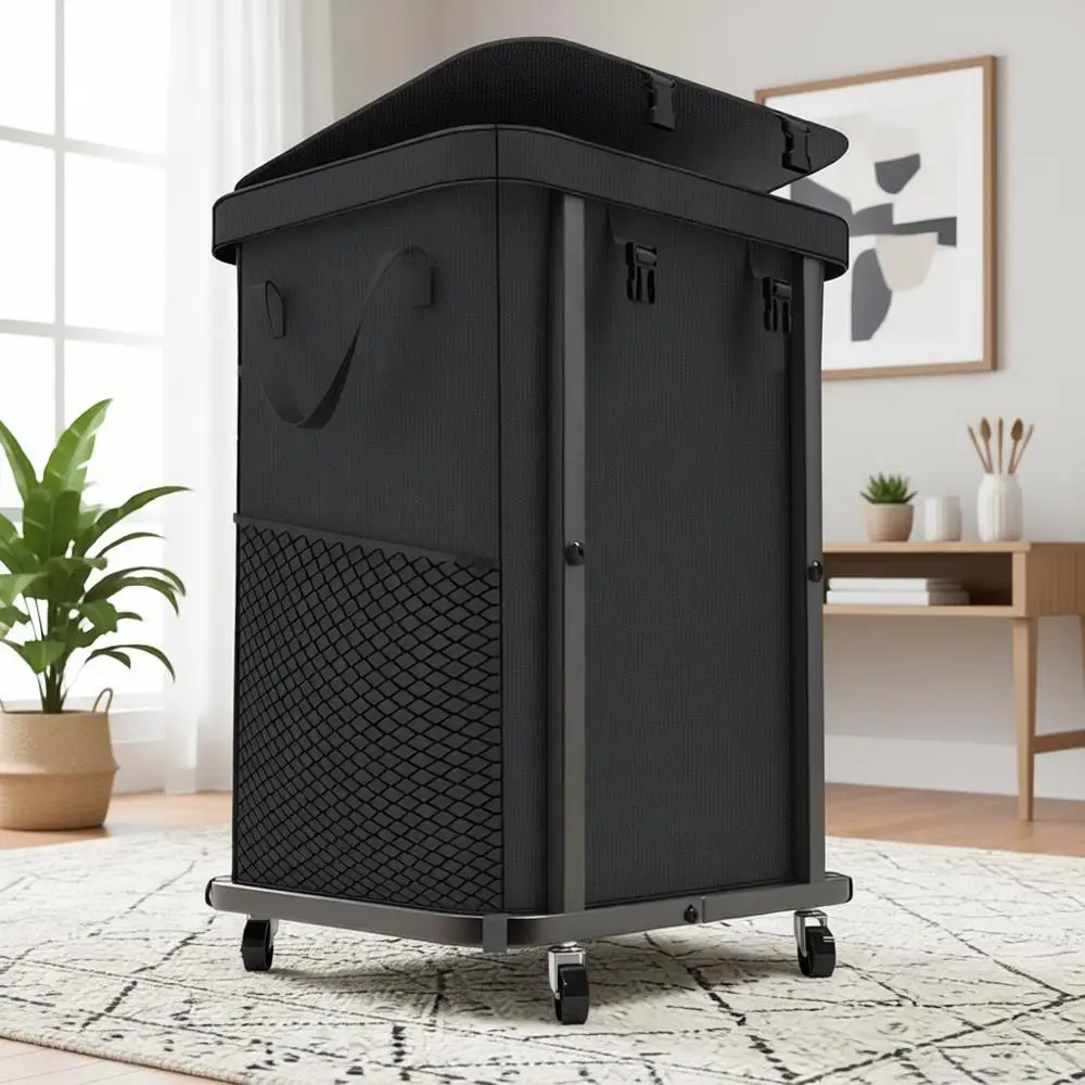 

Большая корзина для белья на колесах 150 л, с металлическим каркасом и съемным мешком - идеально подходит для прачечных (черная)