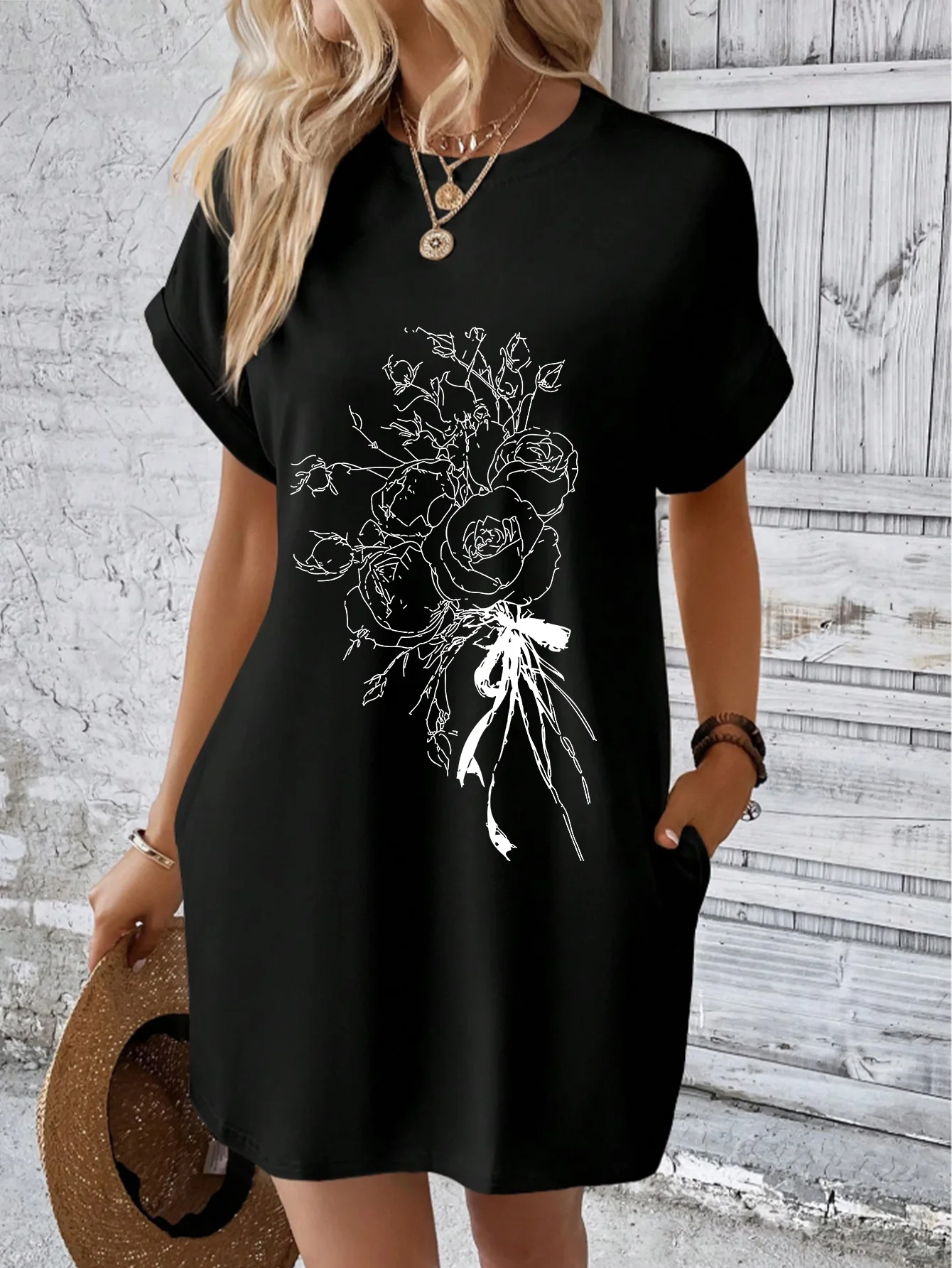 

Women's high-end black crew neck dress, premium Sorona fabric, with white line art rose bouquet print.