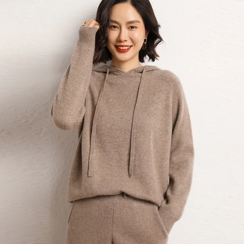 100% cashmere women's matching set hooded collar pullover sweater casual solid knitted pants 2-piece set loose women's clothing