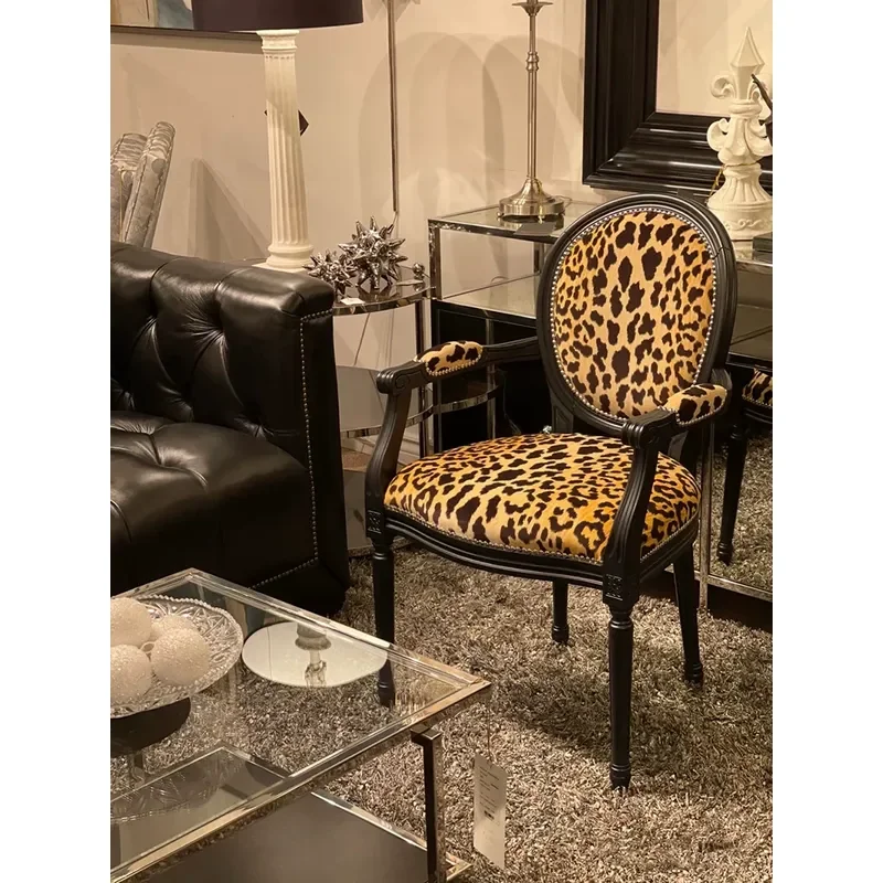 Solid Wood Carved Flower Round Back Armchair Leopard Print Fabric Dining Chair American Retro Style Leisure Chair for Home