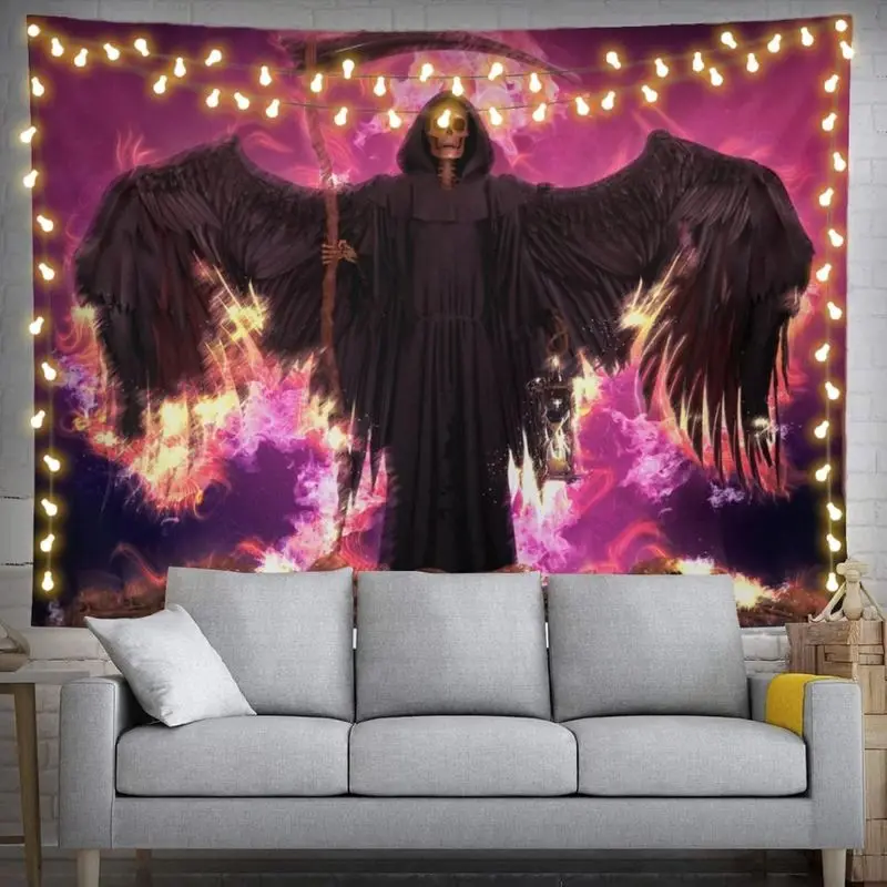 VIKAMA Dark Angel Grim Reaper Tapestry Skull Scythe Purple Flame Gothic Horror Wall Hanging Aesthetic Dorm Bedroom Wall Decor
