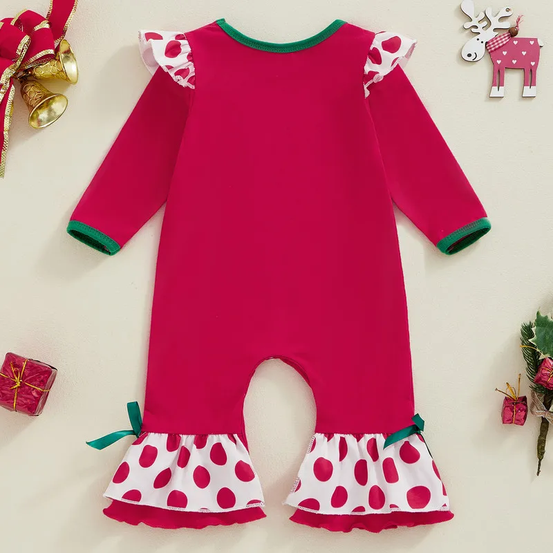 0 to 18 Months Christmas Baby Girls Rompers Deer Embroidery Dot Flare Pants Long Sleeve Infant Jumpsuit Baby Clothing