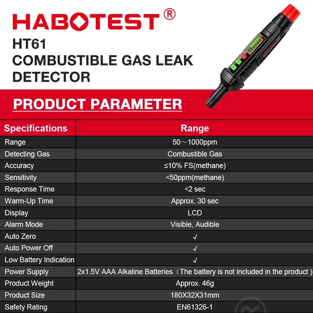 HABOTEST HT59 HT60 HT61 Gasleckdetektor, Detektor für brennbare Gase, Ton- und Bildschirmalarm, Mini-Gasdetektor für natürliches Methan – Detail 25