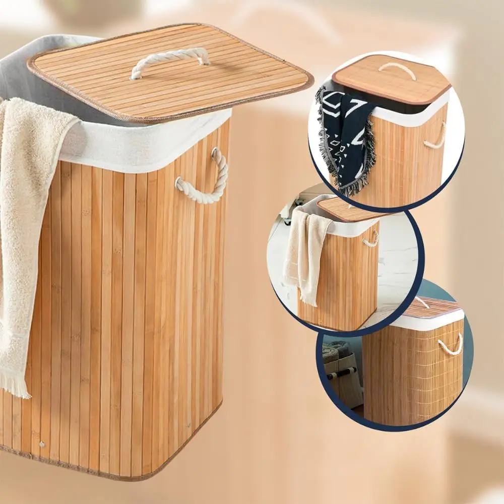 72L Bamboo Laundry Hamper Foldable Storage Basket with Lid Handles Removable 4-Section Liner for Bedroom Laundry Room