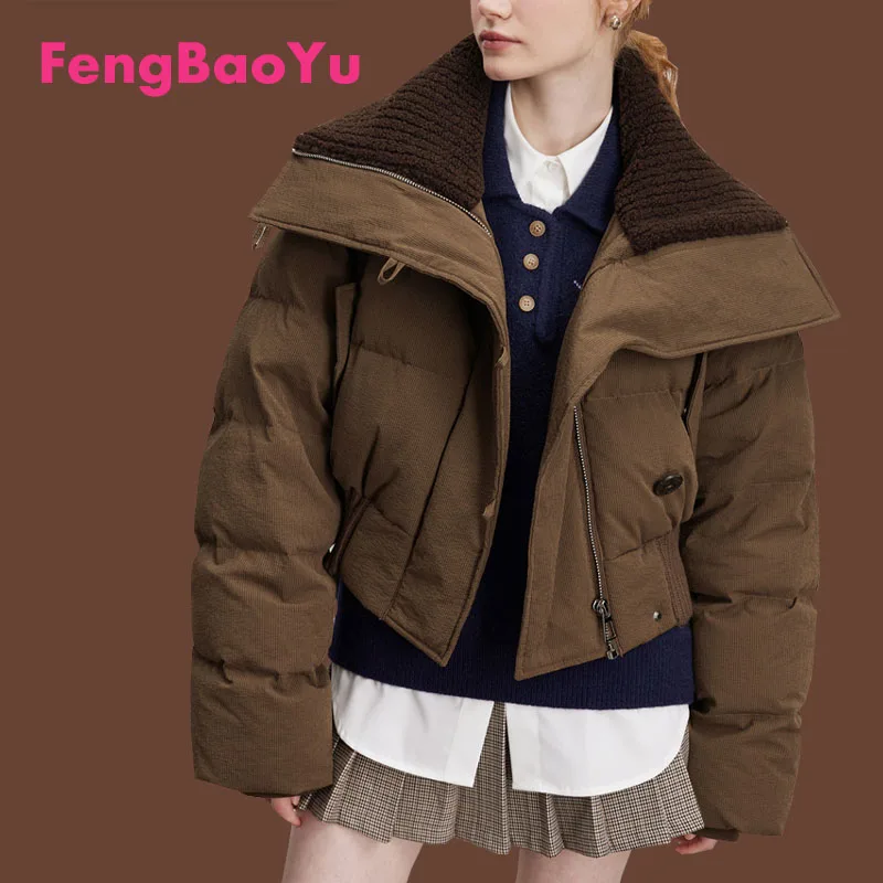 Fengbaoyu Winter Women's Short Down Jacket Big Lapel Style Lamb Wool Patchwork Bread Coat Street Clothing Fashion Personality