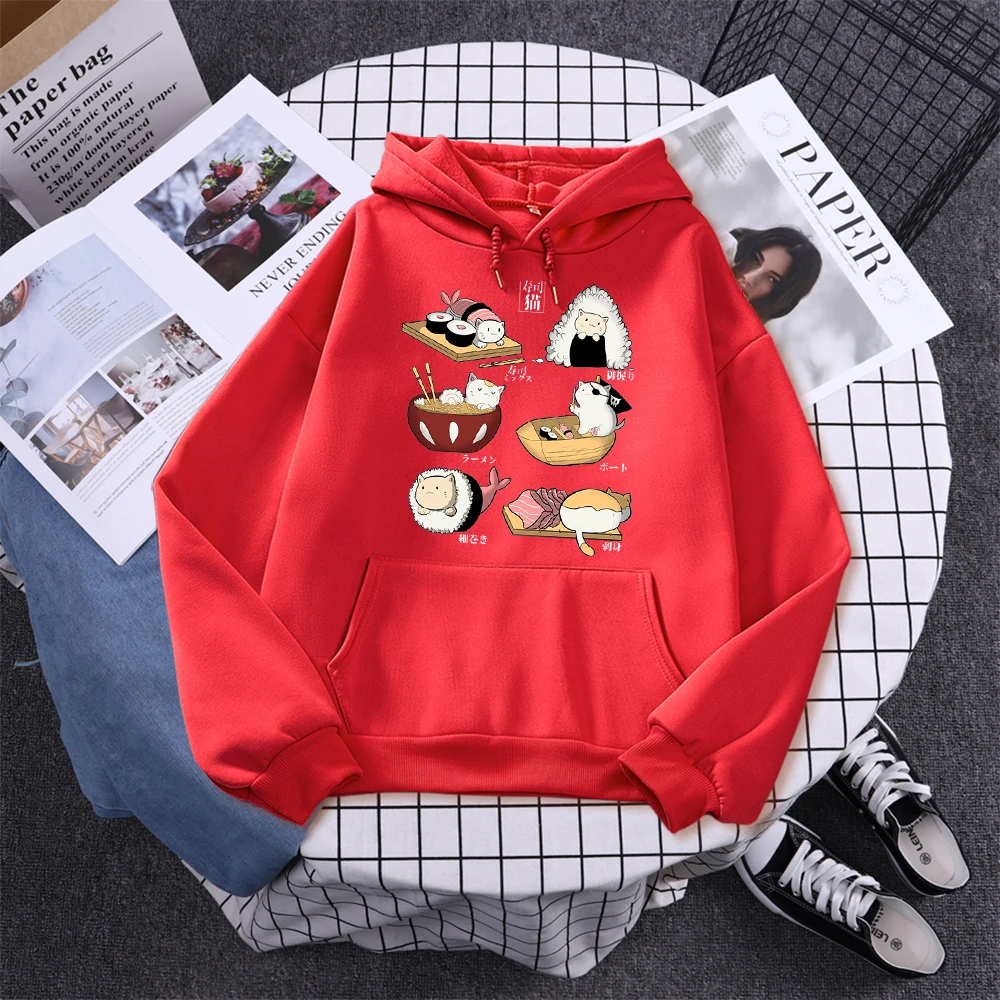 Sushi Katzen Tag Harajuku Gedruckt Hoody Damen Mode Kleidung Herbst Fleece Sweatshirt Casual Rundhals Weibliche Streetwear