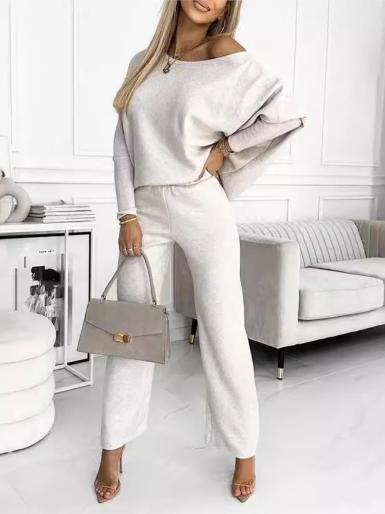 المألوف طويلة الأكمام بلوزات مستديرة العنق + السراويل 2 قطعة مجموعة للنساء أنيقة الخريف بلون عادية فضفاض عطلة دعوى الإناث #1