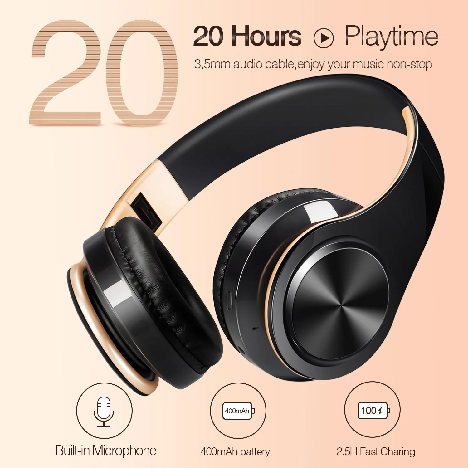 Men Gift Gold Wireless Headphones Bluetooth Earphone Stereo Headset with Build-in MIC with 3.5mm Jack for Xiaomi Samsung IPHONE