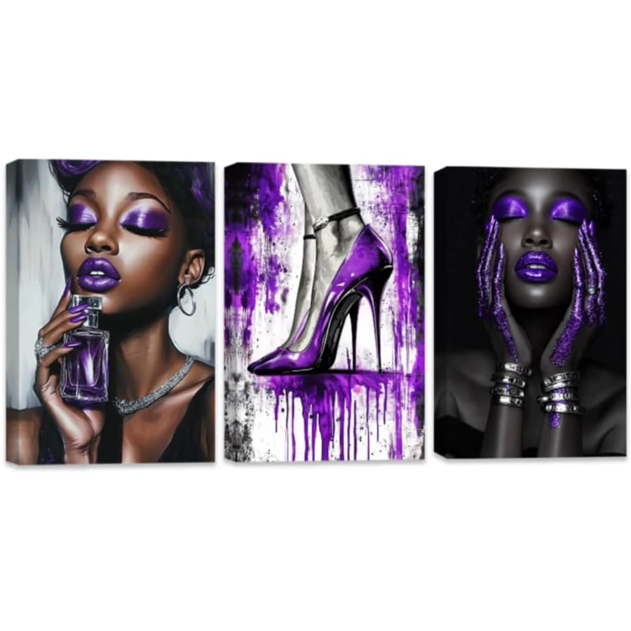 

3 шт. Набор для алмазной мозаики 5D: Афроамериканская мода, Женщина в украшениях, Фиолетовые туфли на высоком каблуке, Декор для комнаты девочки