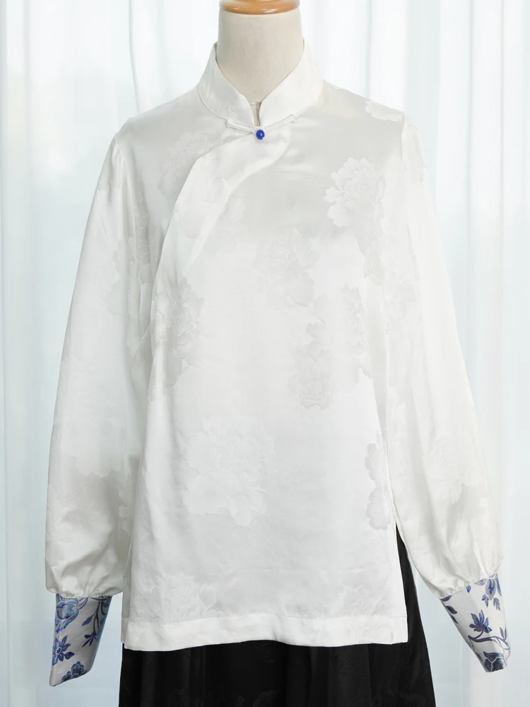 

Chinese Sle irt Song Jin Blue And White Porcelain Silk Embroidery Long Sve round Ne Regular Fit for All Seasons