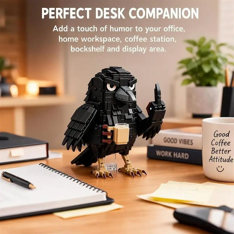 Sarcastic Crow Building Block Set, Coffee Crow Desk Decor Model, Funny Do Not Disturb Crow Ornament, Creative DIY Brick Gift