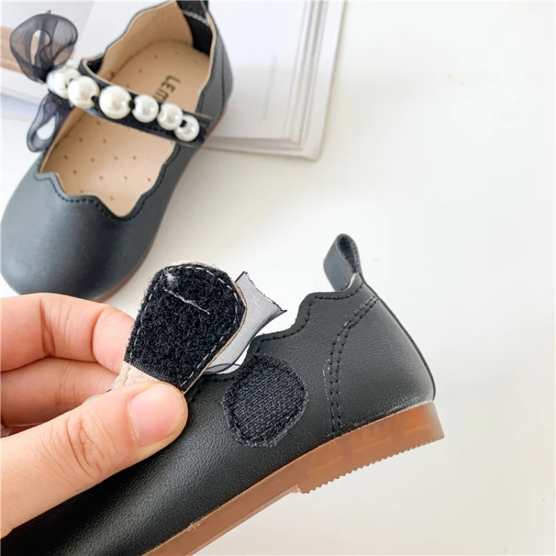 Autumn Girls Children Solid Leather Shoes Cute Pearl Mesh Lace Soft Sole Princess Shoes Newborn Kids Elegant Casual Dance Shoes