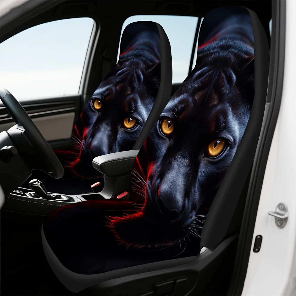 2pcs, Black Panther Portrait Wildlife Animal Print Front Seat Covers, Comfortable And Soft, Universal Fit For Driver And Passeng