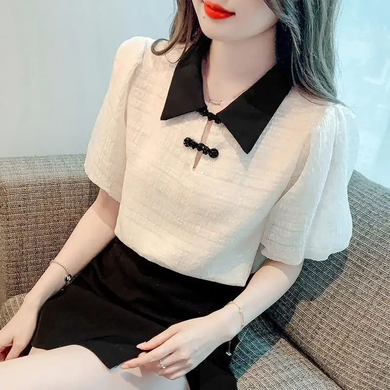 

Summer New Turn-down Collar Women's Clothing Hollow Out Colored Half Sleeve Tee Shirt Fashion Premium Casual Elegant Tops JJ118