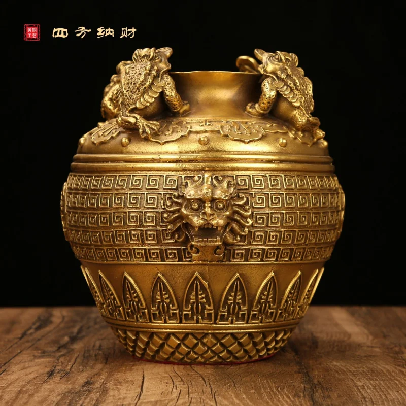 Copper Ornament With Golden Toad, Brass Square Treasure Bowl Attracting Wealth, Money Jar, Home Decoration For