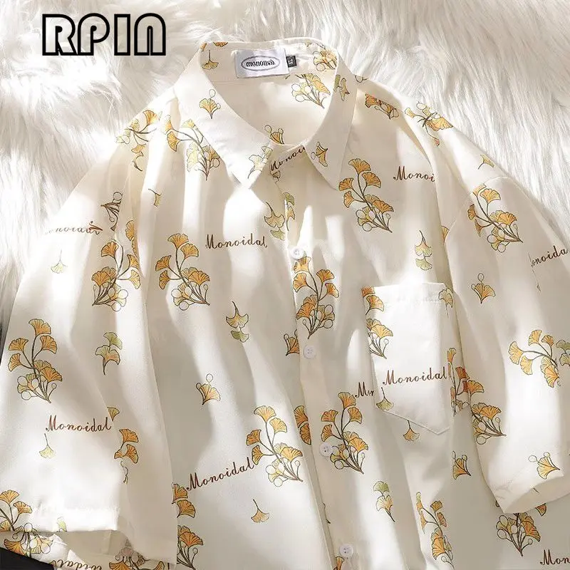 Retro Hawaiian Aesthetic Flower Shirts Men Women High Quality Chiffon Blouse Summer Loose Short Sleeve Lapel Tops Beach Clothing