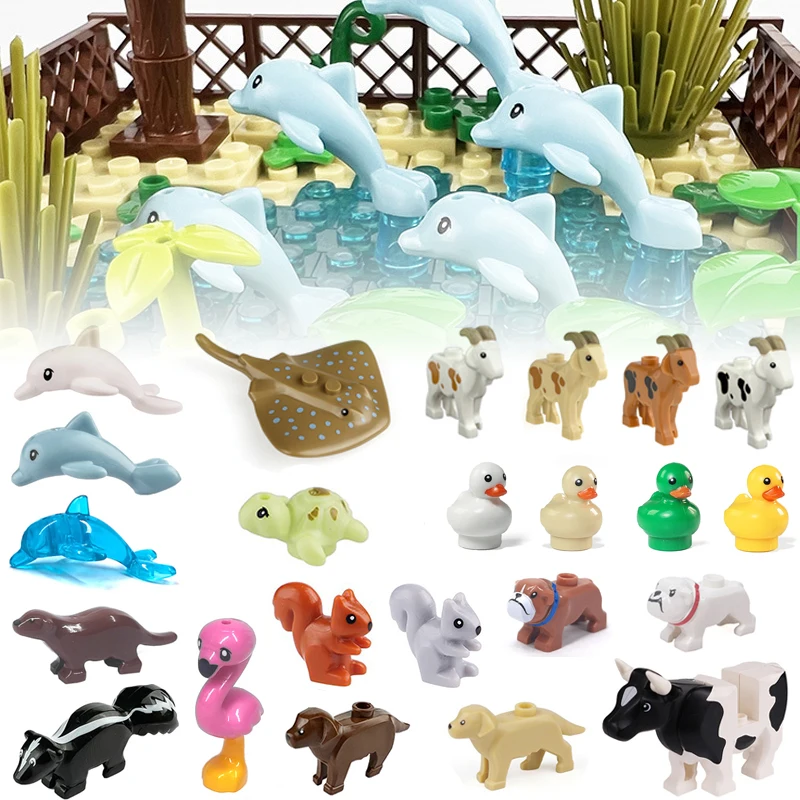 Farm Ocean Animal MOC Compatible With LEGO Building Blocks Zoo Bricks Toys New Cow Flamingo Otter Squirrel Golden Dog Goat Duck