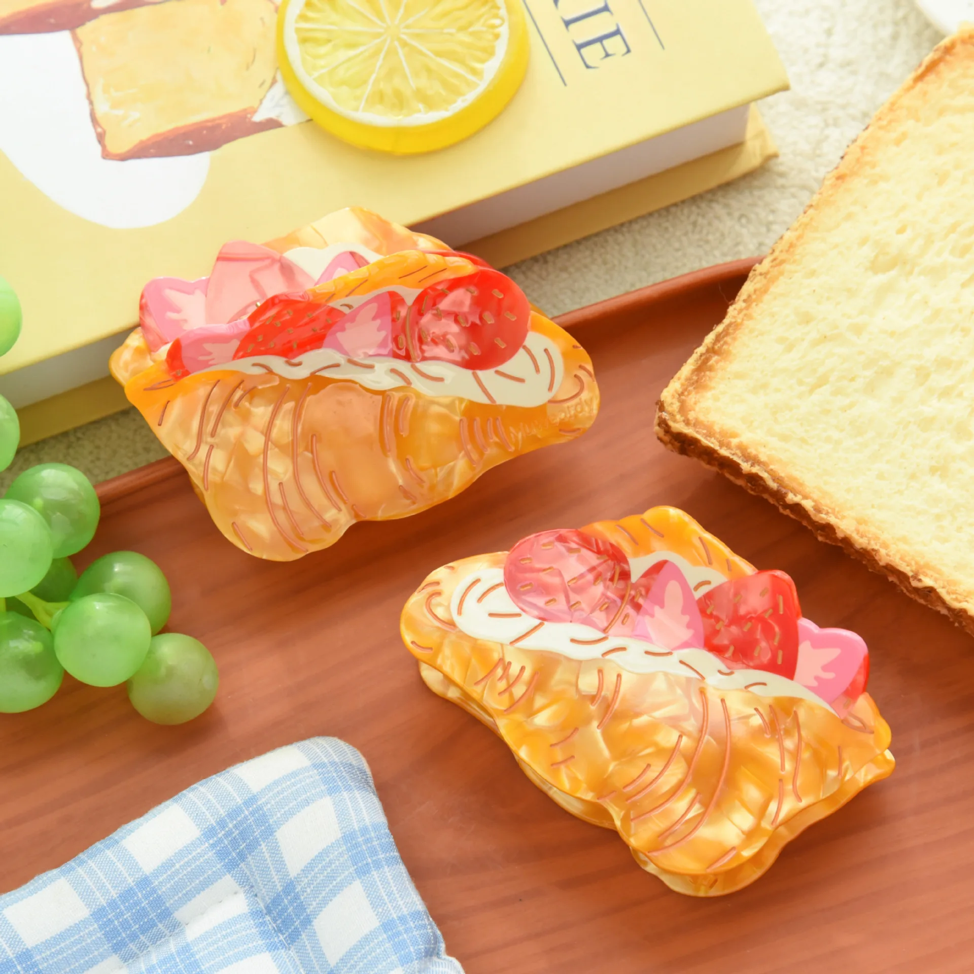 Cute Strawberry Cream Croissant Hair Claw Clip Acetate French Pastry Shark Clip Sweet Kawaii Food Shape Hair Grab Clamp For Wome