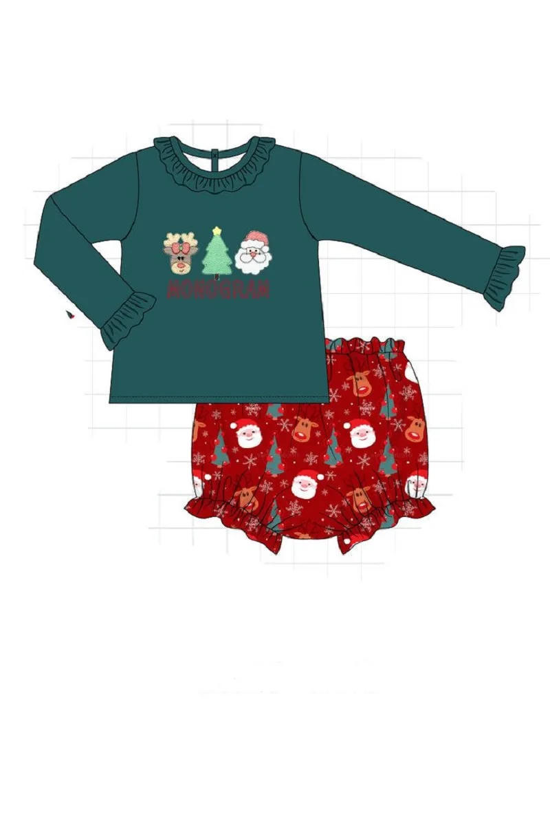 Terno de impressão de Natal manga comprida feminino, manga sino verde, shorts vermelhos, boutique outono