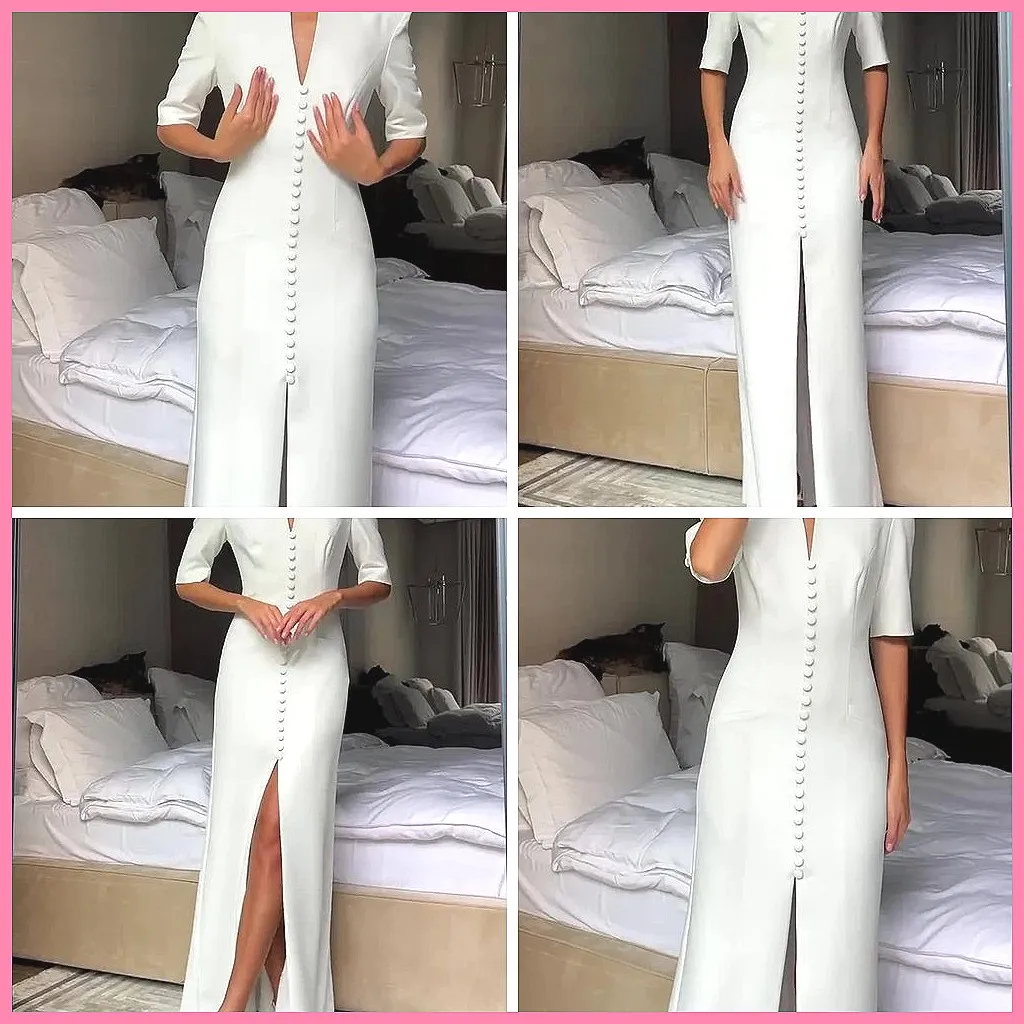 French Style V-Neck Party Dress for Women, High Waist Slim Banquet Dress with Side Split (Characters: 78)