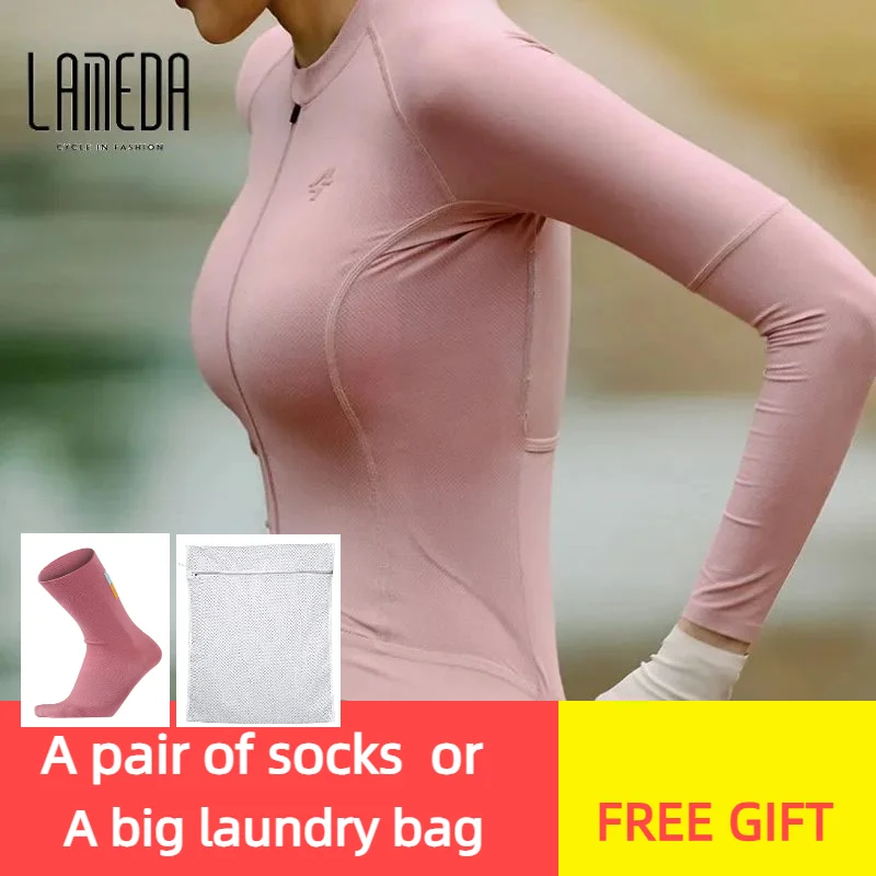 

LAMEDA женский велосипедный трикотаж с длинным рукавом, защита от ультрафиолета, ткань Coolmax, цельный дизайн, карман для езды на велосипеде, спорта