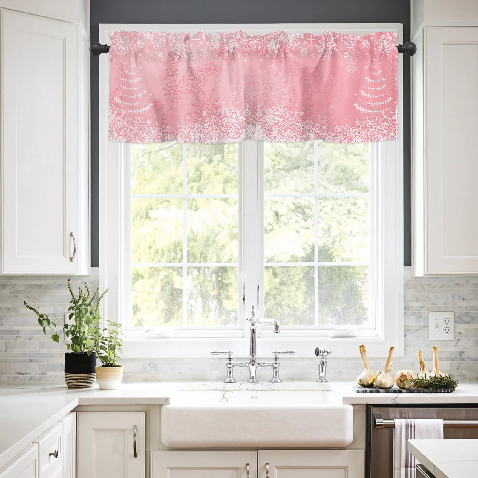 Christmas Snowflake Pink Short Curtains Kitchen Cafe Wine Cabinet Door Window Small Curtains Wardrobe Curtain Home Decor Drapes