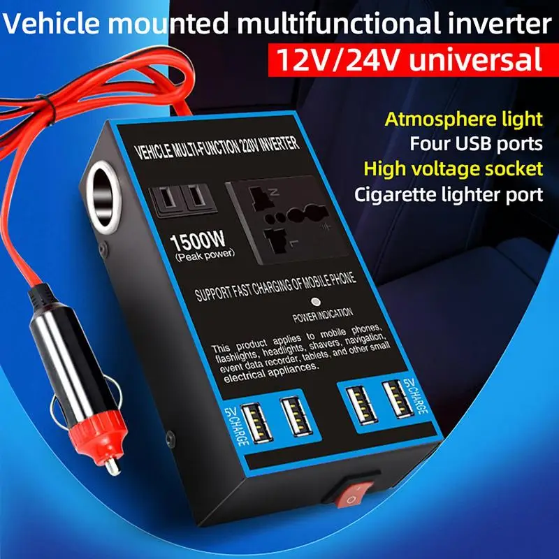 Car Inverter 1500W Peak DC12V/24V To 220V Power Inverter Car Cigarette Lighter Power Adapter Auto Converter Inversor Accessories