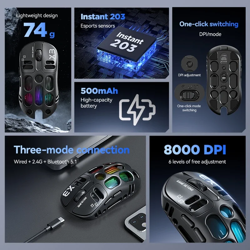 Rechargeable Tri-Mode Wireless Bluetooth Gaming Mouse with RGB Lighting Effect Hollow Design Ergonomic Gamer Mice