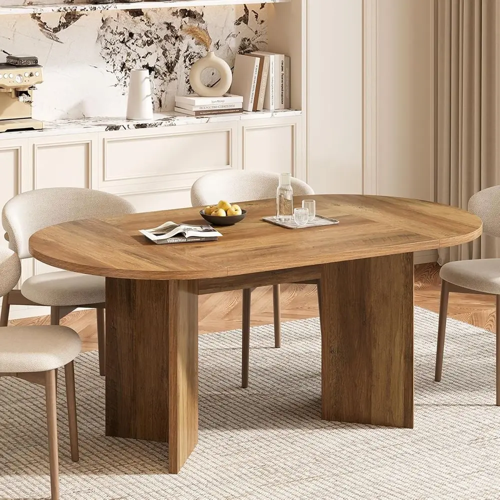 طاولة طعام بيضاوية 63 على طراز المزرعة لـ 4-6، MDF متينة مع قاعدة معدنية، مناسبة للمنزل والمكتب والمطعم، Umber Fini