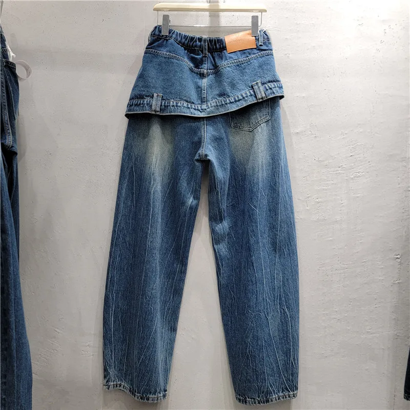 2026 New Autumn All-match Elastic High Waist Casual Denim Pants Spice Girls Faux Two-piece Floor-length Wide Leg Blue Jeans
